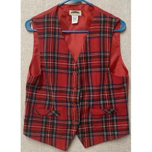 Chaleco vintage Mark Reed de lana a cuadros rojos, pequeño, con botones, fabricado en EE. UU.