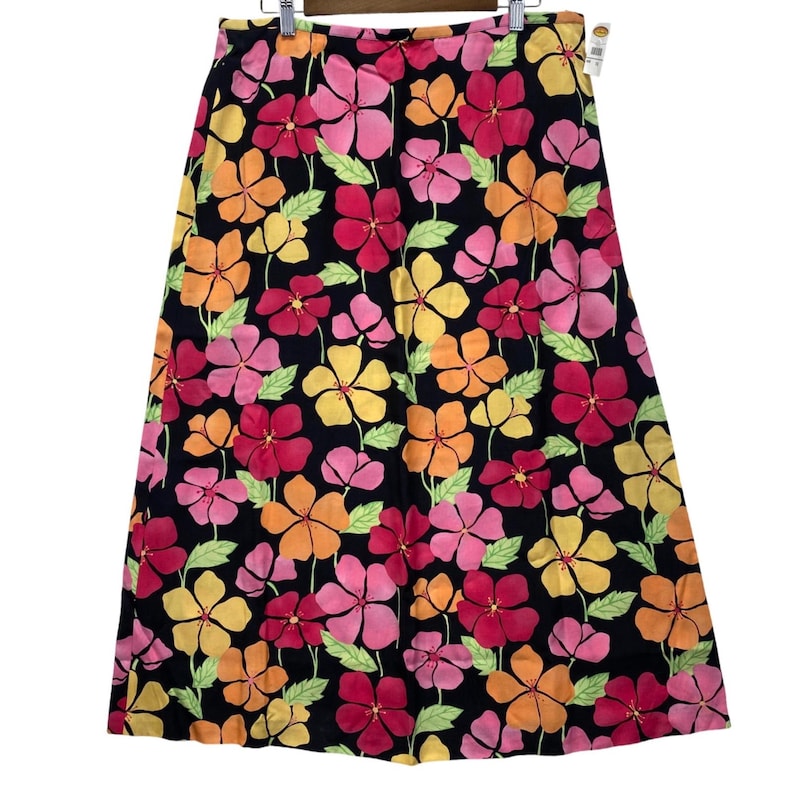 Talbots Floral Midi Skirt Womens 16 Black Pink Tropical Hibiscus Tencel A-Line image 1