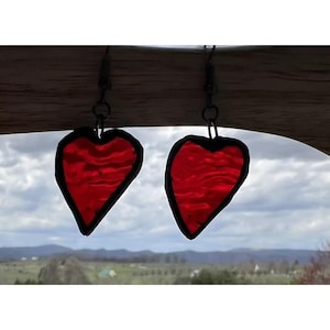 Artisan Handmade Red Heart Stained Glass Pierced Dangling Earrings. I Love You