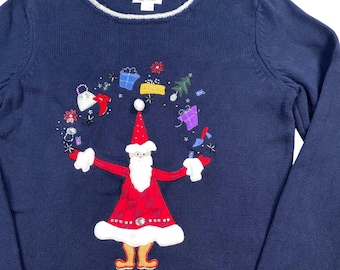 ヴィンテージ Y2K クリストファー・バンクス サンタクロース ホリデーセーター Mサイズ 手刺繍 ネイビー