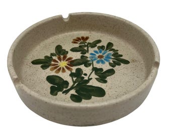 VTG MCM Speckled Stoneware Ashtray Hand Painted Boho Catch All Dish 70s Floral