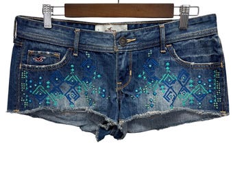 Pantalones cortos Hollister Micro Mini Low Rise Denm para mujer, talla 7, bordado azteca, estilo vintage Y2K