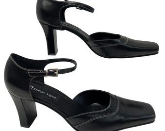 Zapatos de tacón Etienne Aigner Olive Black para mujer, talla 9 M, de piel, con punta cuadrada y correa al tobillo, estilo vintage de los 90.