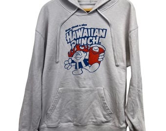 Moletom com capuz estampado Hawaiian Punch, tamanho masculino G, cor lilás canguru, estilo vintage.