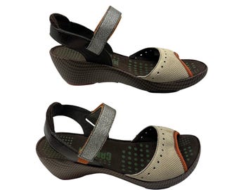 Camper VTG Micro Wedge Sandals Women 38 Brown Cream Orange Silver Metallic Strap