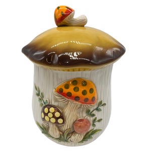 SEARS ROEBUCK Merry Mushroom 1978 Tapa y recipiente de cerámica para galletas de harina VTG