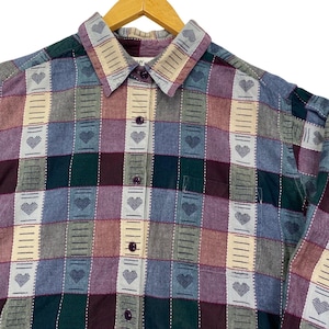 Krazy Kat overhemd met knoopsluiting voor dames, maat 2XL, veelkleurig met hartjespatchwork, katoen, vintage stijl