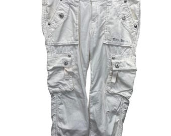Pantalones capri cargo blancos Rock Revival para mujer, talla 29 (33x22), estampado de flor de lis estilo Y2K.