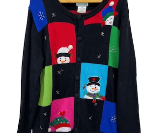 VTG 90s The Quacker Factory Cardigan Sweater Snowman Large Embroidered Sequin