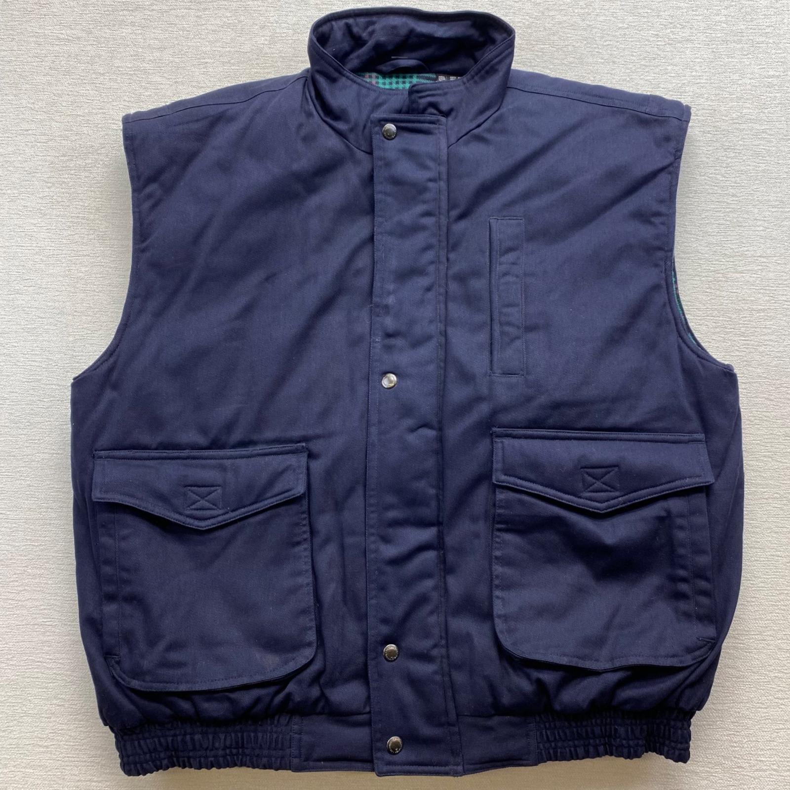 90's “ORVIS” Special Leather Vest Fieldmaster Canvas Utility Vest Mens Large Navy Blue Plaid Lined