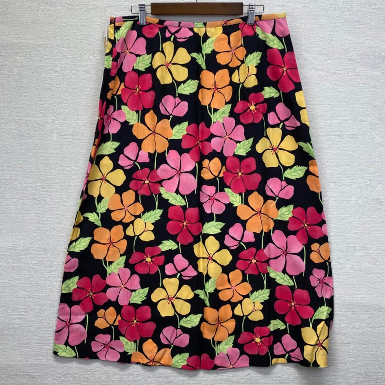Talbots Floral Midi Skirt Womens 16 Black Pink Tropical Hibiscus Tencel A-Line image 3