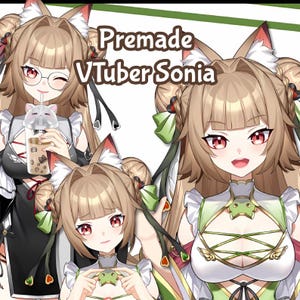 May include: Multiple images of a character with tan hair, red eyes, and cat ears. The character is wearing a variety of outfits, including a black dress and a green and white outfit. Text on the image reads "Premade VTuber Sonia."