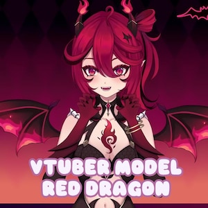 May include: A digital illustration of a red dragon VTuber model. The character has red hair, horns, and eyes, with a black and red outfit. The image includes the text "VTUBER MODEL RED DRAGON" in a stylized font.