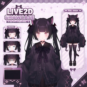 Könnte beinhalten: Ein digitaler Charakterbogen für eine Live2D-Präsentation mit einer dunkelhaarigen Figur mit Katzenohren und Fledermausflügeln. Die Figur trägt eine schwarze, übergroße Jacke, ein Halsband und Overknee-Strümpfe. Enthält Text Live2D Showcase und Bad Kitty.