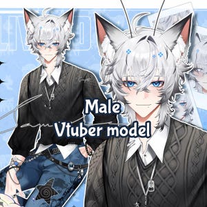 Puede incluir: Ilustración digital de un modelo Vtuber masculino con cabello blanco, ojos azules y orejas de gato. El personaje viste un suéter negro sobre una camisa blanca con cuello y jeans azules. Se muestra el texto "Male Vtuber model".