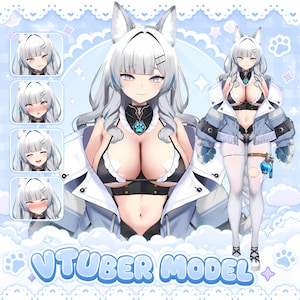 Può includere: Illustrazione digitale di un personaggio in stile anime con capelli bianchi, occhi blu e orecchie da animale. Il personaggio indossa un abito bianco e nero con una giacca blu. L'immagine include diverse espressioni facciali e il testo "VTUBER MODEL".