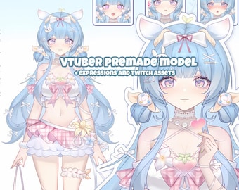 Modelo VTuber azul pastel: avatar prediseñado de Live2D, expresiones y recursos de Twitch