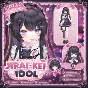 May include: A Live2D model character sheet featuring a Jirai-Kei idol with dark hair, blue eyes, and a black and white outfit. Includes a full-body view, a chibi version, and a close-up portrait, with text labels for expressions, toggles, and animations.