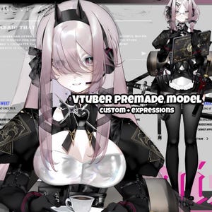 Könnte beinhalten: Digitale Illustration eines VTuber-Modells mit langen rosa Haaren, schwarzen Hörnern und einem schwarzen Outfit. Das Bild enthält den Text "VTUBER PREMADE MODEL custom + expressions". Das Model hält eine Teetasse.