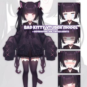 May include: A digital illustration of a VTuber model named "Bad Kitty." The character has black hair styled in pigtails with cat ears and wears a dark purple outfit. The image includes various facial expressions and Twitch assets.