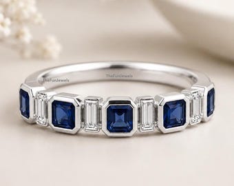 Alliance éternité moissanite saphir bleu, alliance en saphir, alliance art déco, cadeau de naissance de septembre pour elle