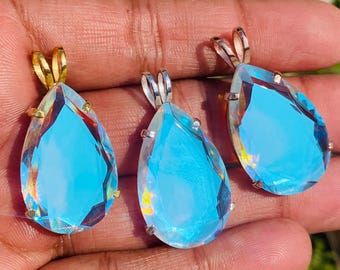 Teardrop Angel Aura Quartz Pendant Necklace | 925 Sterling Silver Rainbow Crystal Jewelry