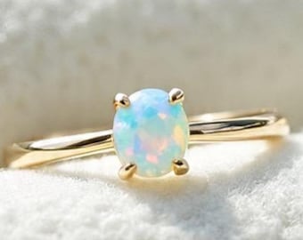 Dainty Oval Opal Gold Ring, Minimalist Promise Ring, October Birthstone Jewelry