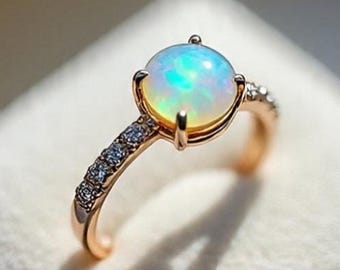Round Opal Ring, 14k Gold Engagement Ring, October Birthstone Gift