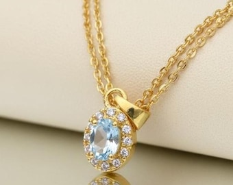 Collier topaze bleue pour femme, bijoux avec pierre de naissance de décembre, collier en or 14 carats taille ovale, cadeau d'anniversaire pour elle
