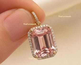 Collier morganite taille émeraude, pendentif en or délicat pour elle, bijoux de mariée minimalistes en pierres précieuses roses, cadeau d'anniversaire