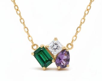 Collier en or personnalisé avec 3 pierres de naissance, cadeau de collier de famille personnalisé pour maman, pendentif Toi et moi délicat, bijoux minimalistes avec pierre de naissance