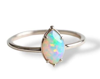 Marquise Opal Sterling Silver Ring, Minimalist Dainty Jewelry October Birthstone
