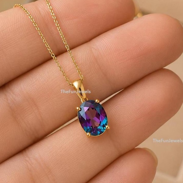 Oval Cut Alexandrite Pendant Necklace, Color Change Gemstone, June Birthstone, 14K Gold Jewelry