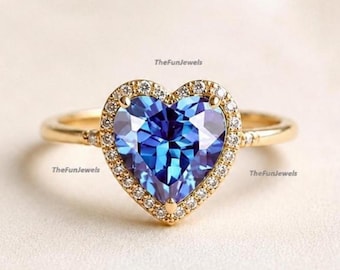 Bague de fiançailles coeur alexandrite, halo en or 14 carats, pierre de naissance de juin, bague de promesse à changement de couleur, cadeau pour elle