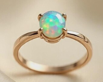 Opal October Birthstone Ring, Sterling Silver Oval Opal Anniversary Gift for Her