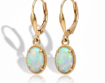 Boucles d'oreilles pendantes opale de feu pour femme, boucles d'oreilles pendantes avec pierre de naissance d'octobre, boucles d'oreilles levier en or 14 carats, cadeau de mariée pour elle