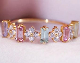 Bague baguette multitourmaline pour femme, jonc doré délicat, bague avec pierre de naissance colorée, cadeau d'anniversaire pour elle