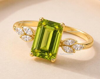 Bague de fiançailles péridot en or 14 carats, péridot taille émeraude, pierre de naissance d'août, bague de promesse art déco, cadeau pour elle