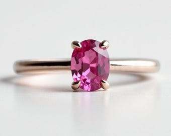 Oval Pink Tourmaline Ring, 14k Gold & Sterling Silver, Dainty Gemstone October Birthstone Jewelry