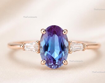 Bague de fiançailles ovale alexandrite, bague avec pierres précieuses à changement de couleur, bague de promesse de mariée en or 14 carats, cadeau de pierre de naissance de juin pour elle