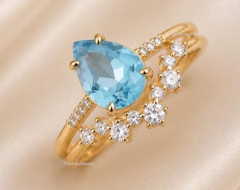 Parure de bagues topaze bleue en or 14 carats, bague de fiançailles topaze poire, alliance diamants incurvés, cadeau de pierre de naissance de décembre