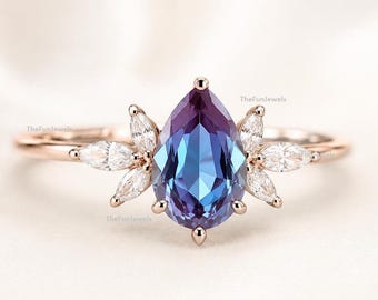 Bague de fiançailles alexandrite en or 14 carats, pierre précieuse à changement de couleur poire, accent de diamants marquise, cadeau bague de promesse de mariée pour elle