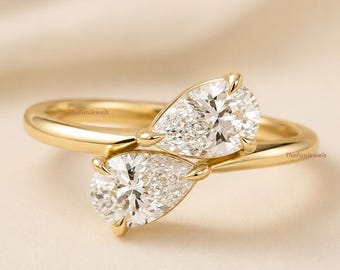 Bague de fiançailles Toi et Moi, bague avec pierre de naissance taille poire, bague de promesse double pierre en or 14 carats, cadeau d'anniversaire pour elle