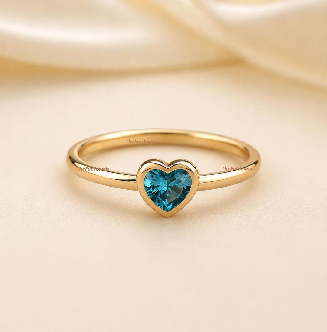 Blue Topaz Heart Ring, 14K Gold Bezel Set Ring, Dainty Promise Ring for ...
