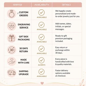 Pu&ograve; includere: Grafica rosa e bianca con il testo &laquo;SERVICE AVAILABLE&raquo; in alto. L'immagine mostra ordini personalizzati, incisioni, confezioni regalo, resi entro 30 giorni, realizzati con cura e aggiornamenti di spedizione. Il logo TheFunJewels &egrave; in basso.