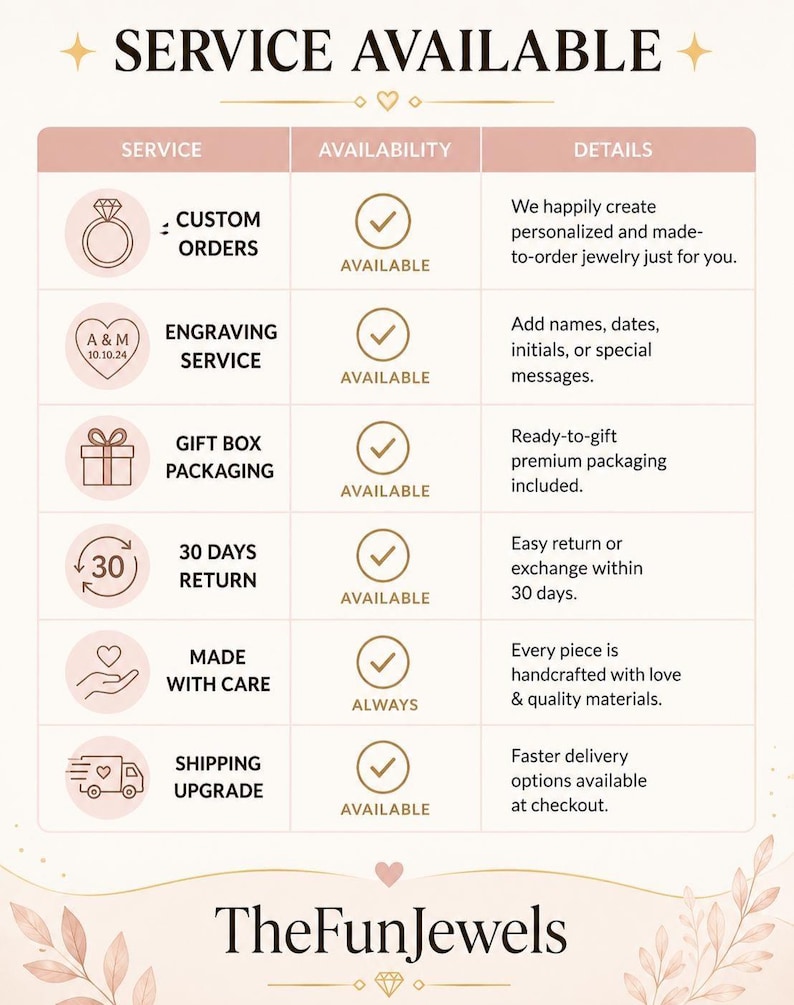 Pu&ograve; includere: Grafica rosa e bianca con il testo &laquo;SERVICE AVAILABLE&raquo; in alto. L'immagine mostra ordini personalizzati, incisioni, confezioni regalo, resi entro 30 giorni, realizzati con cura e aggiornamenti di spedizione. Il logo TheFunJewels &egrave; in basso.