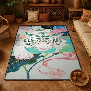 White Tiger Asian Art Rug Tropical Jungle Print Floor Mat Oriental Animal Carpet Botanical Home Decor Living Room Rug For Bedroom Mat