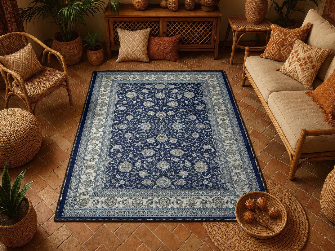 Navy Blue Persian Style Rug: Elegant Floral Medallion, Machine Washable ...
