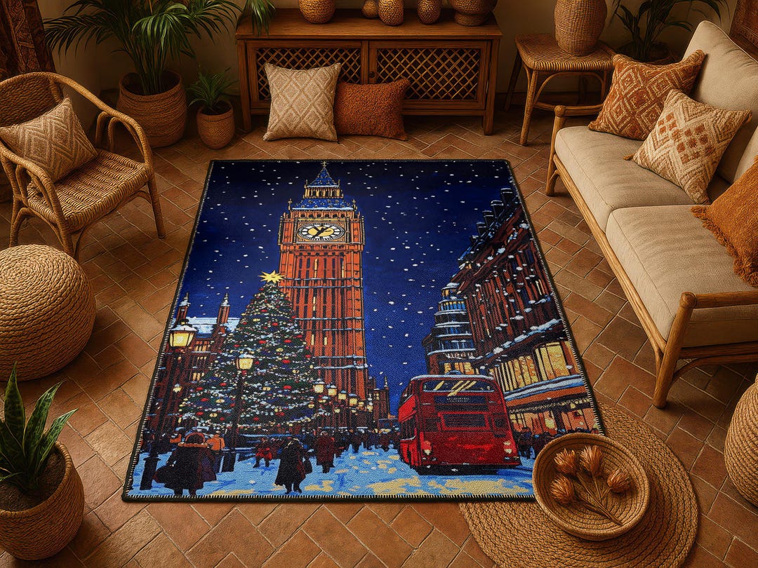 Bus Rug Large Big Ben London Christmas Snow Scene Rug Double Decker Bus Winter ...