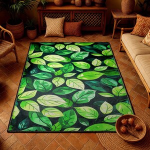 Green Leaf Pattern Area Rug: Tropical Botanical Home Decor